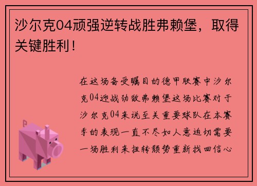 沙尔克04顽强逆转战胜弗赖堡，取得关键胜利！